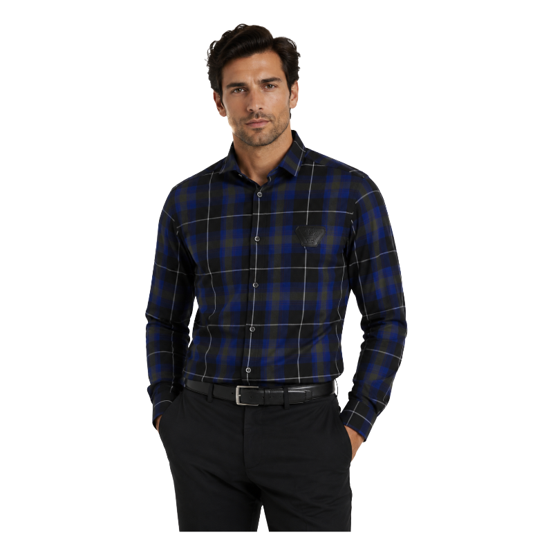 Armani Men's Blue & Black Check Shirt - Small