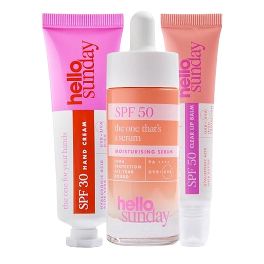 Hello Sunday Essentials Kit SPF Skincare Set Serum Lips Hands (Blemished Box)