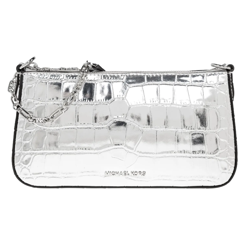 Michael Kors Empire Medium Chain Pouchette Crocodile Embossed Leather Bag Silver
