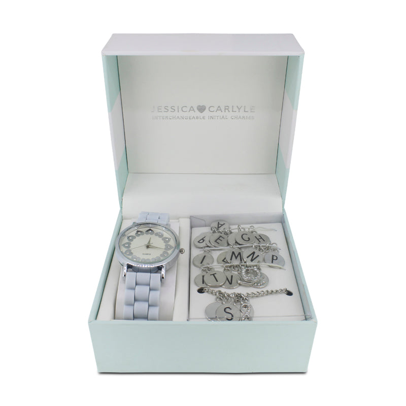 Jessica Carlyle Silver Watch & Bracelet with Charm Set (Blemished Box)