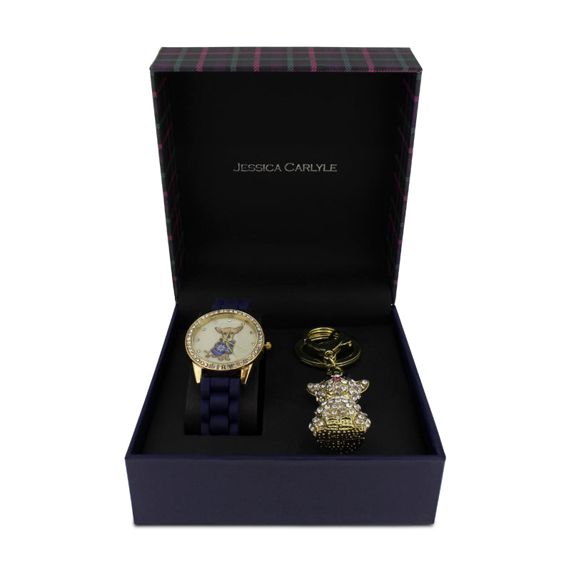 Jessica Carlyle Navy Rubber Strap Watch with Chihuahua Dog Crystal Keychain