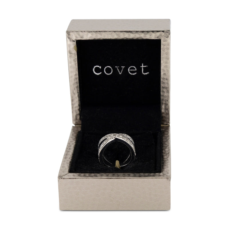 Covet Rhodium Cross Over Crystal Silver Ring - Size 5