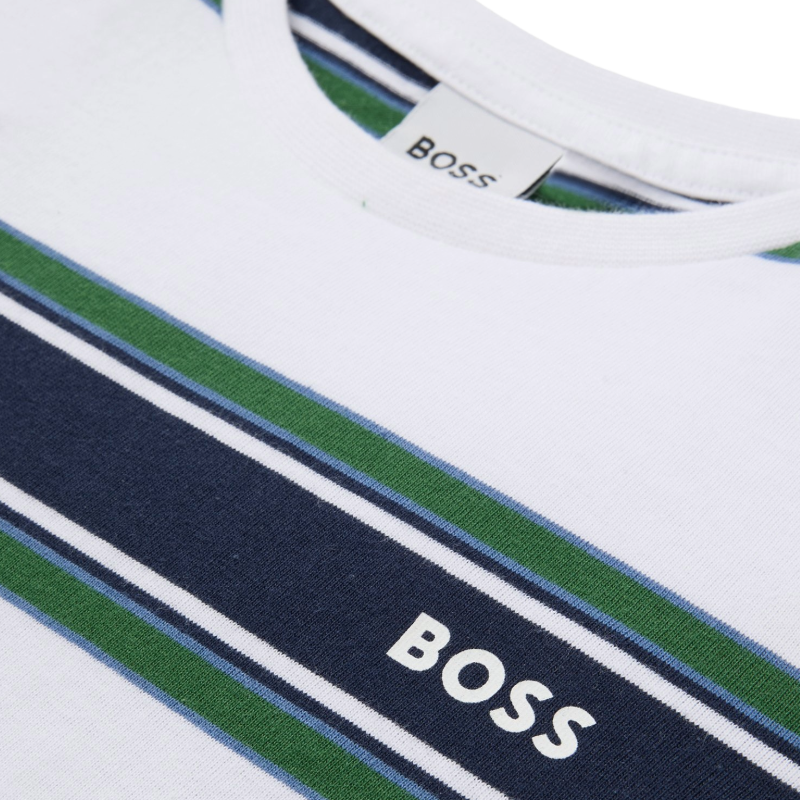 Hugo Boss Boys T-Shirt Striped White Green 100% Cotton