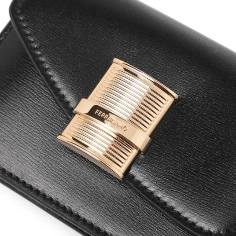 Salvatore Ferragamo Fiamma Leather Card Holder Black