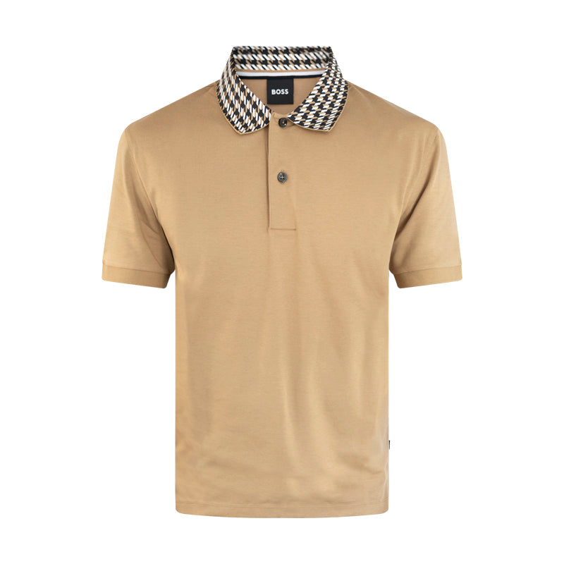 Hugo Boss Parley 180 Polo Shirt Beige Houndstooth Collar Small