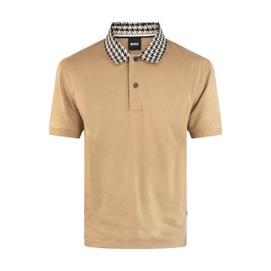 Hugo Boss Parley 180 Polo Shirt Beige Houndstooth Collar Small