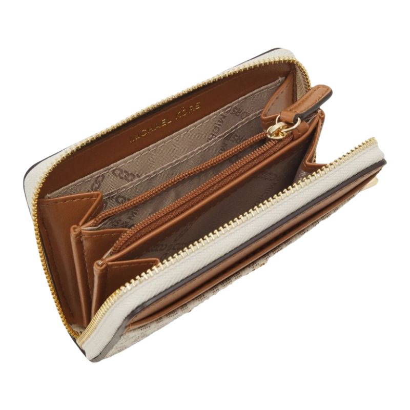 Michael Kors Jet Set Small Signature Logo Zip-Around Card Case Vanilla/Acorn