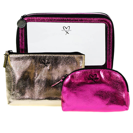 Victoria's Secret Hot Pink and Gold Cosmetic Bag 3 Piece Set 