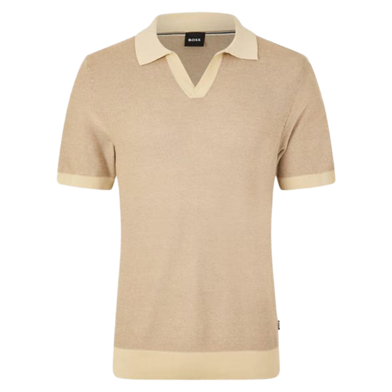 Hugo Boss Tempio Mens Knitted Polo Short Sleeve Shirt Beige