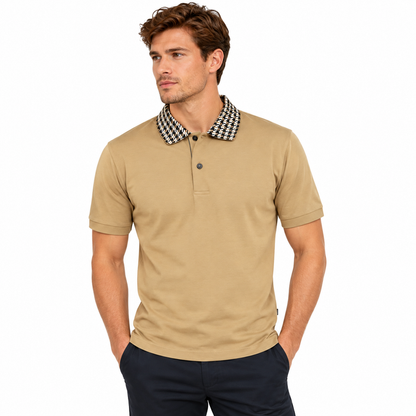 Hugo Boss Parley 180 Men's Polo Shirt Beige Houndstooth Collar - Small