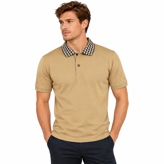 Hugo Boss Parley 180 Men's Polo Shirt Beige Houndstooth Collar - Small