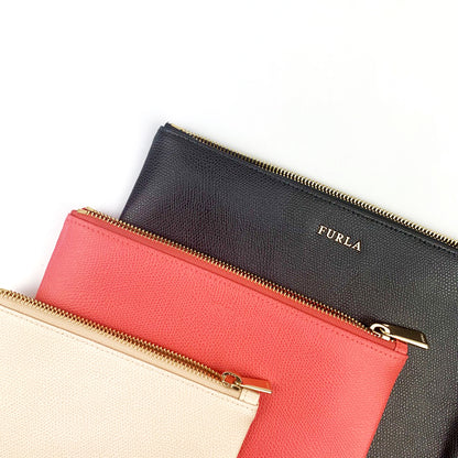 Furla Royal Envelope Zipped Purse Makeup Pouches Clutch Bag Set of 3 Leather Bags in Black Pink & Cream Gift Set