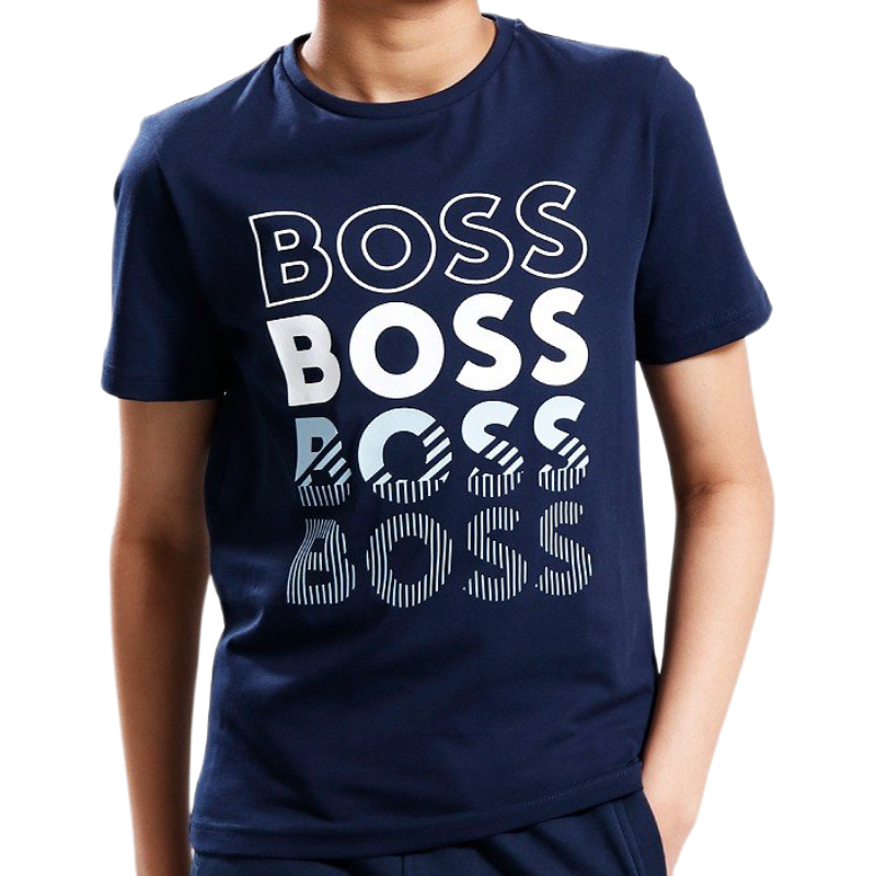 Hugo Boss Boys T-Shirt Multi Logo Navy Blue
