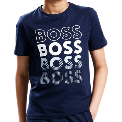 Hugo Boss Boys T-Shirt Multi Logo Navy Blue
