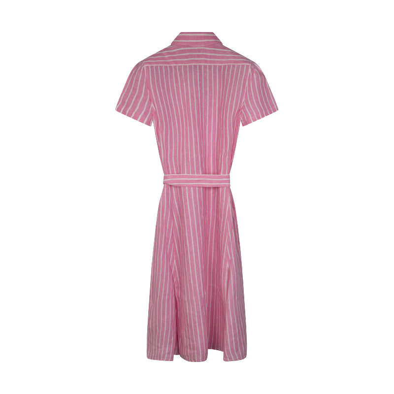 Ralph Lauren Women's Belted Striped Linen Dress Pink