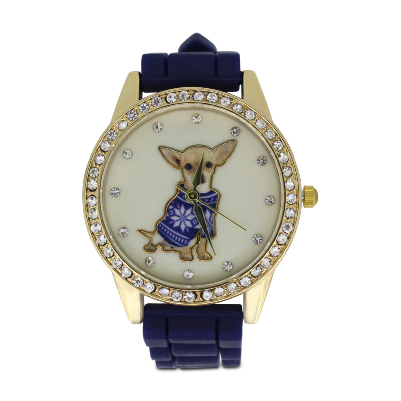 Jessica Carlyle Navy Rubber Strap Watch with Chihuahua Dog Crystal Keychain