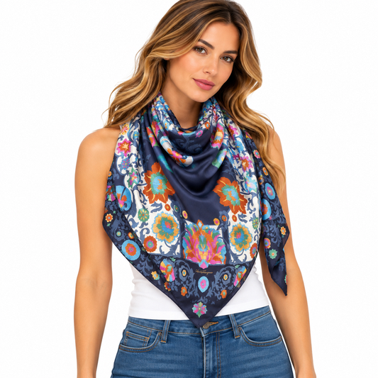 Salvatore Ferragamo Blue Uzbekistan Floral Print Silk Scarf