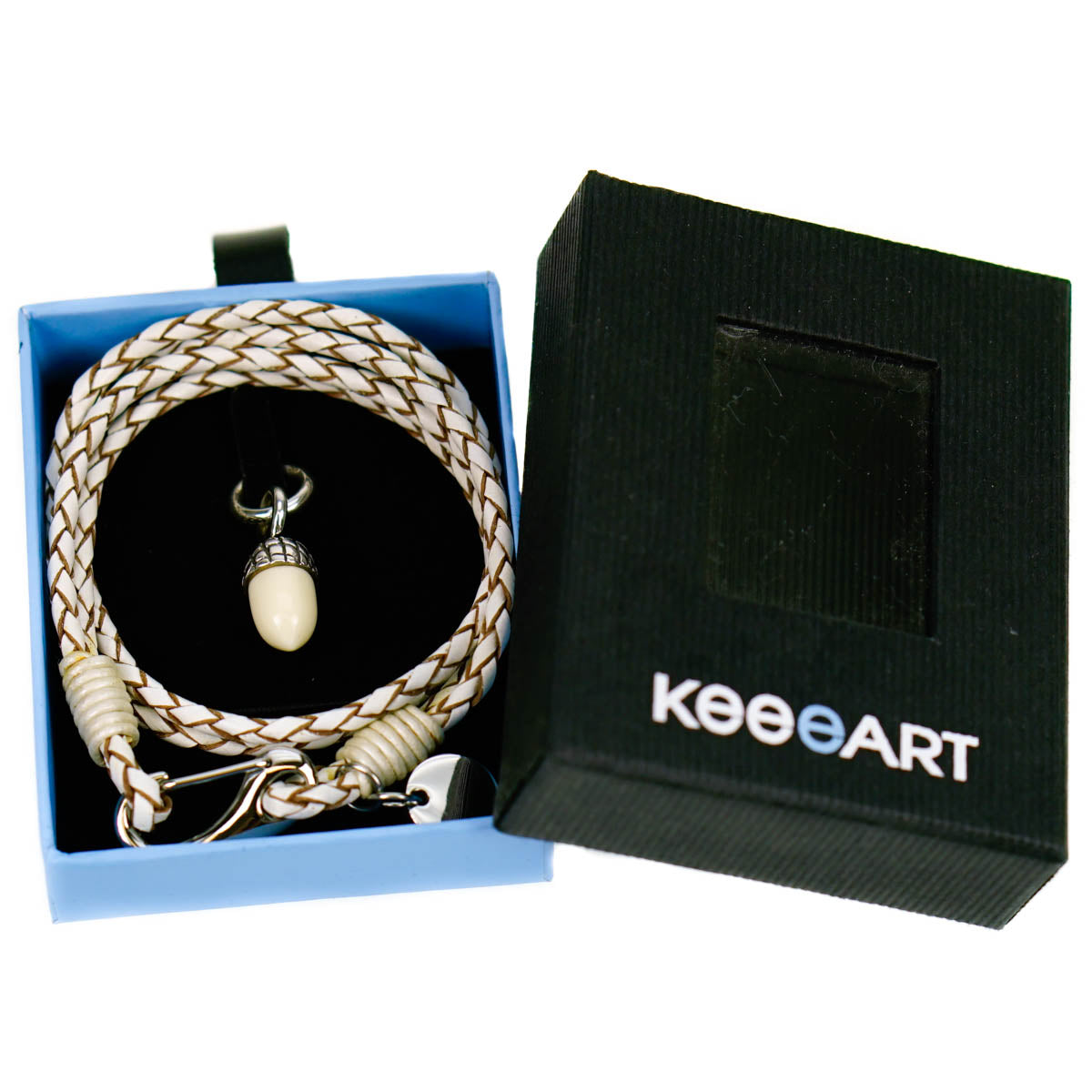 KeeArt Cream Leather Wrap Bracelet with Acorn Charm