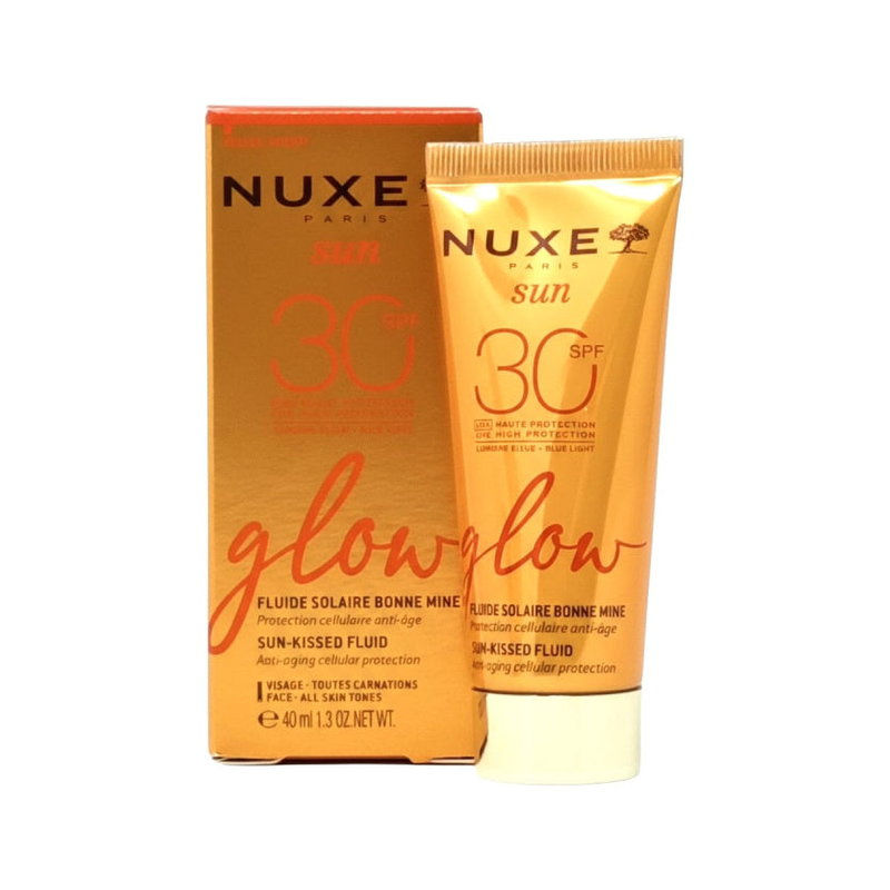 Nuxe Sun Glow Sun-Kissed Fluid SPF30 40ml tube and box on white background