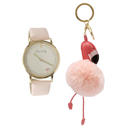 Jessica Carlyle Women's Light Pink Strap Gold Watch And Pink Fluffy Flamingo Keyring Set 2175