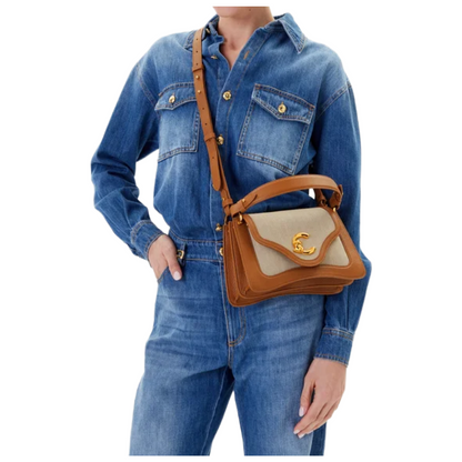 Coccinelle C-Me Canvas Cotton & Leather Small Shoulder Bag Natural/Tan