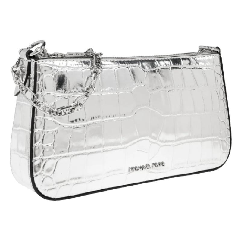 Michael Kors Empire Medium Chain Pouchette Crocodile Embossed Leather Bag Silver