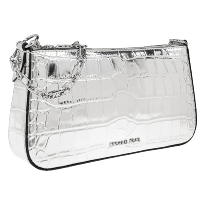 Michael Kors Empire Medium Chain Pouchette Crocodile Embossed Leather Bag Silver