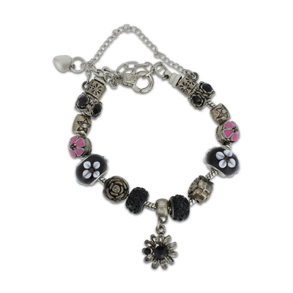 Khloelle Charm Bracelet Black And Pink Flowers LC0070994 