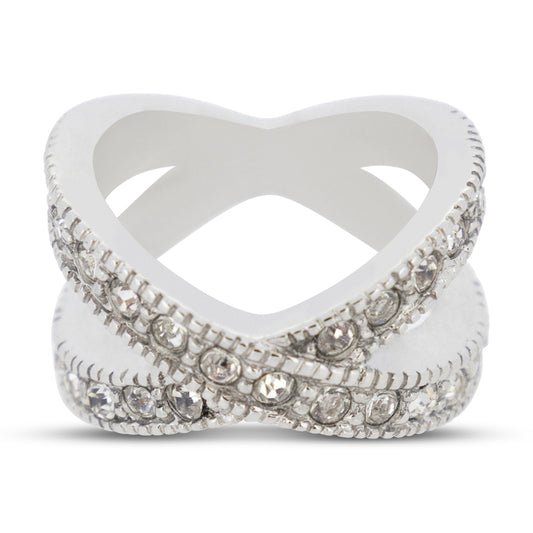 Covet Rhodium Cross Over Crystal Silver Ring - Size 5