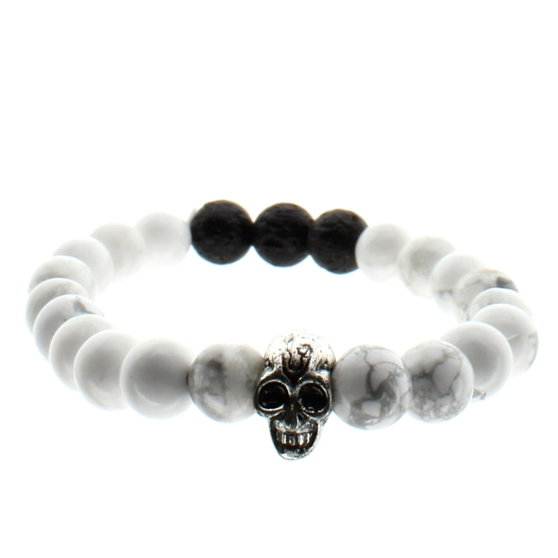 The Gemseller White and Grey Bead Skull Bracelet