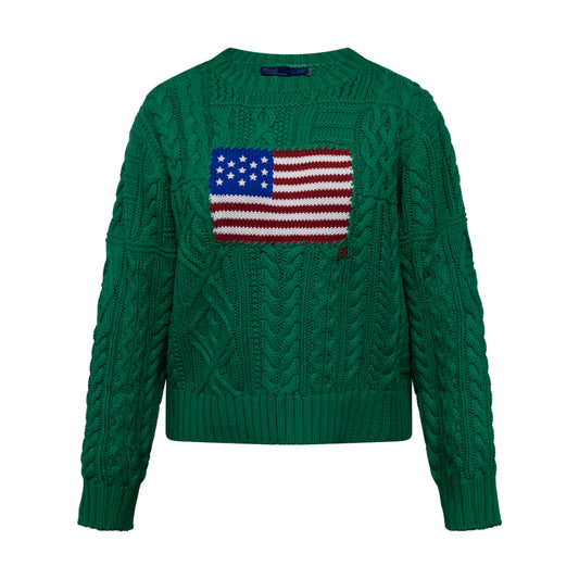 Ralph Lauren Polo Green Aran-Knit American Flag Jumper Women's