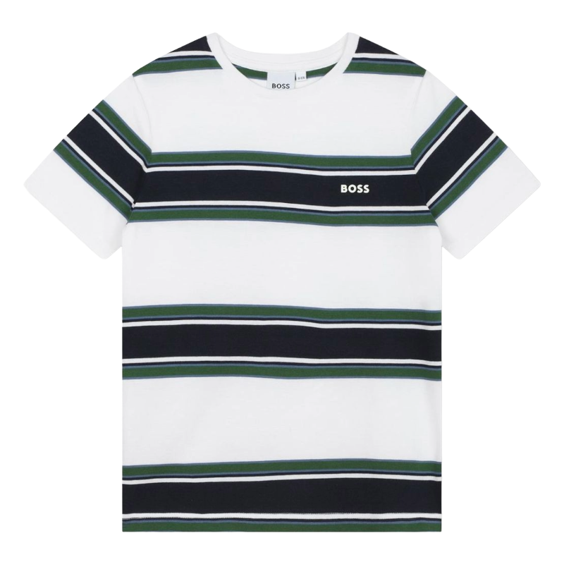 Hugo Boss Boys T-Shirt Striped White Green 100% Cotton
