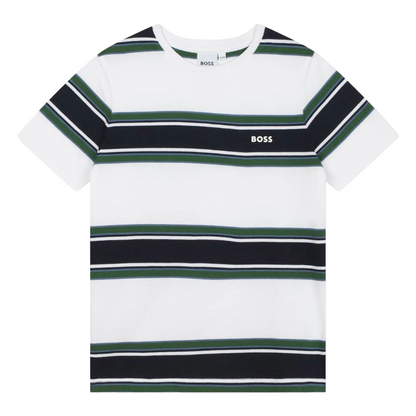 Hugo Boss Boys T-Shirt Striped White Green 100% Cotton