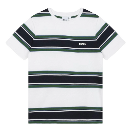 Hugo Boss Boys T-Shirt Striped White Green 100% Cotton