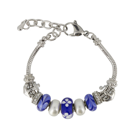 Lovita Charm Bracelet Silver Band Blue And White Flower