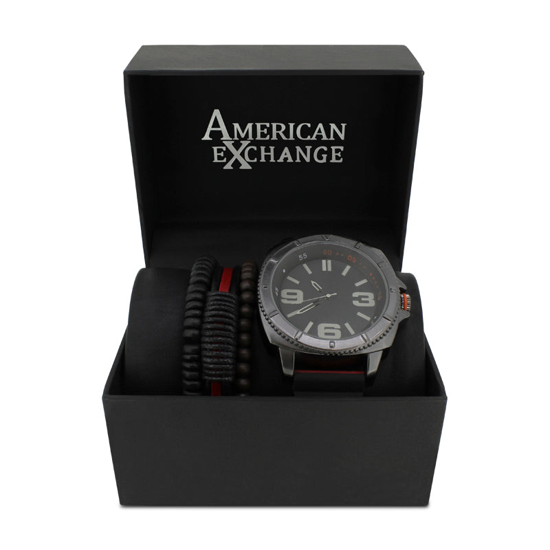 American Exchange Red & Black Mens Watch With Bracelets Set *Ex-Display*