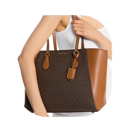 Michael Kors Taryn Large Signature Logo Leather Tote Bag Brown/Acorn