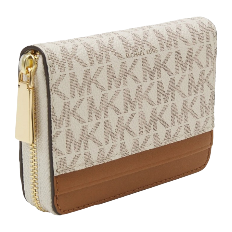 Michael Kors Jet Set Small Signature Logo Zip-Around Card Case Vanilla/Acorn