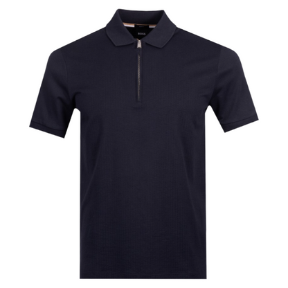 Hugo Boss Polston 35 Men's Zip Up Polo Shirt Dark Blue Slim Fit 