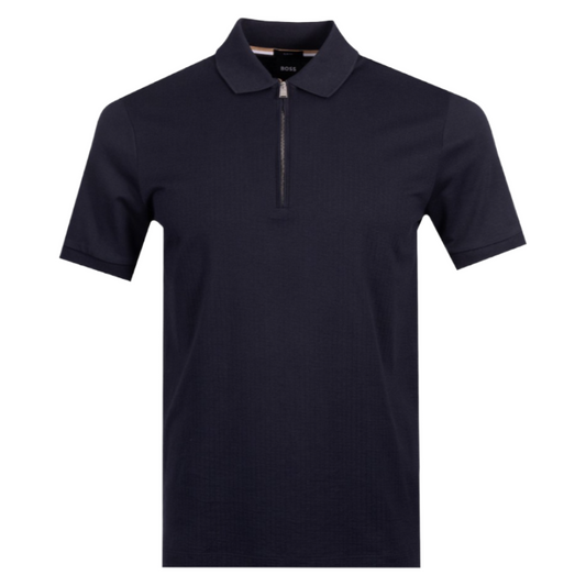 Hugo Boss Polston 35 Men's Zip Up Polo Shirt Dark Blue Slim Fit 
