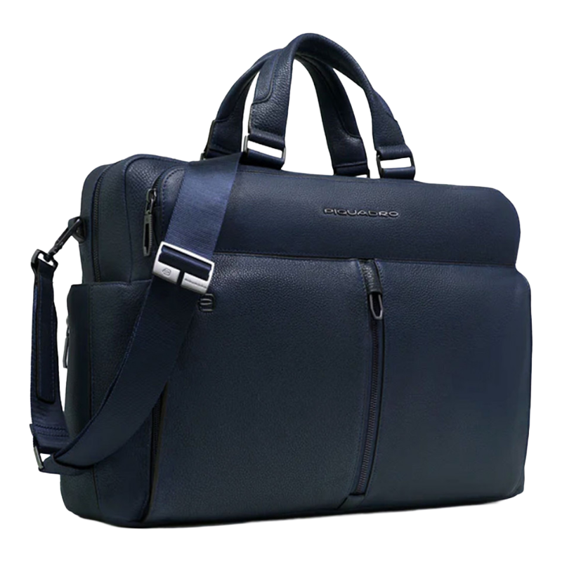 Piquadro Leather Laptop Bag 14 inch Navy Blue Briefcase