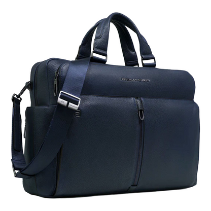 Piquadro Leather Laptop Bag 14 inch Navy Blue Briefcase