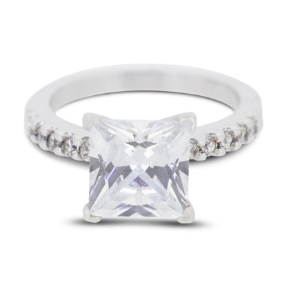 Covet Rhodium Cubic Zirconia Square Cut Silver Ring - Size 5