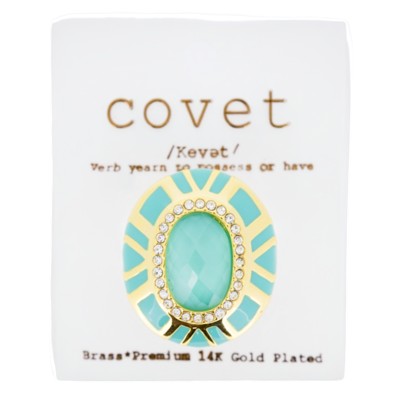 Covet Gold Coloured Bold Stone Green Enamel Ring DF3037GT UK Size P