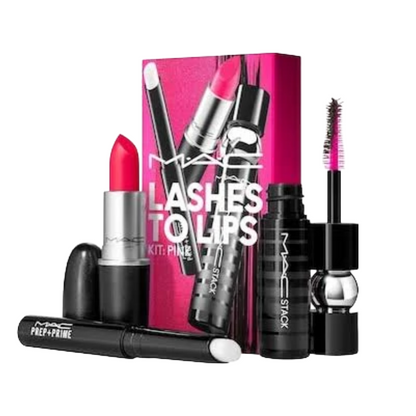 MAC Lashes To Lips: Pink -Prep & Prime Lip Base 706 Relentlessly Red Black Stack Mascara Lipstick