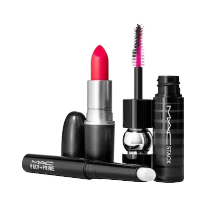 MAC Lashes To Lips: Pink -Prep & Prime Lip Base 706 Relentlessly Red Black Stack Mascara Lipstick