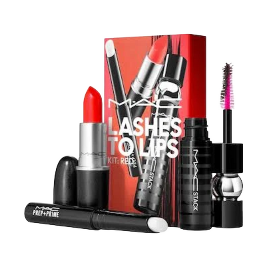 MAC Lashes To Lips: Red -Prep & Prime Lip Base 607 Lady Danger Lipstick Black Stack Mascara Lipstick
