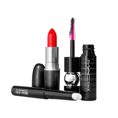 MAC Lashes To Lips: Red -Prep & Prime Lip Base 607 Lady Danger Lipstick Black Stack Mascara Lipstick