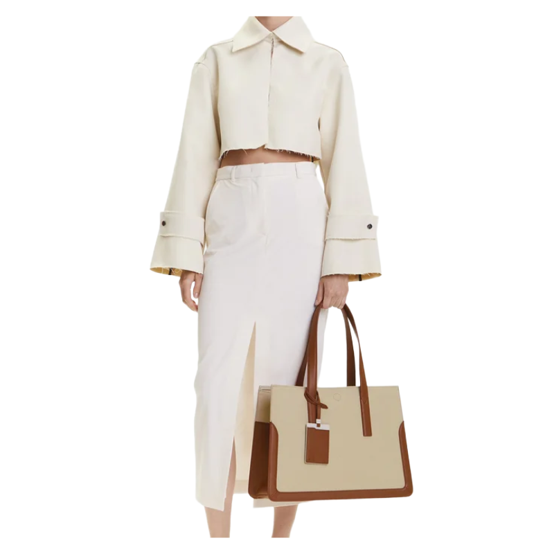 Furla Baia Cotton & Leather Tote Shopper Bag Toni Cognac (Natural & Brown)