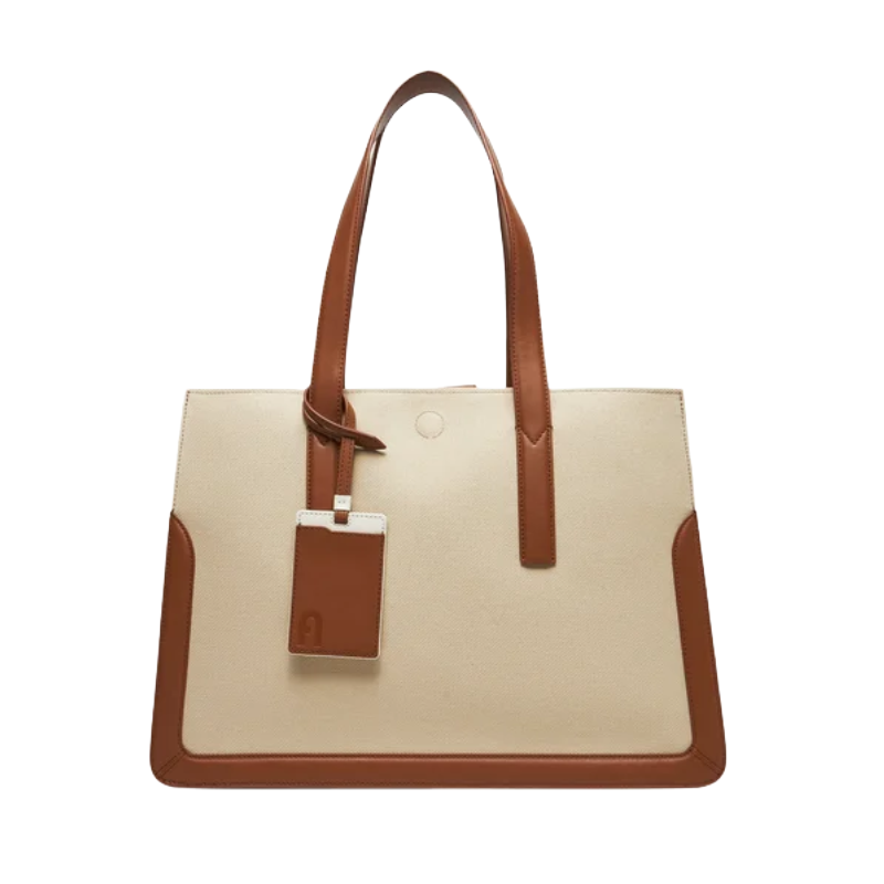 Furla Baia Cotton & Leather Tote Shopper Bag Toni Cognac (Natural & Brown)